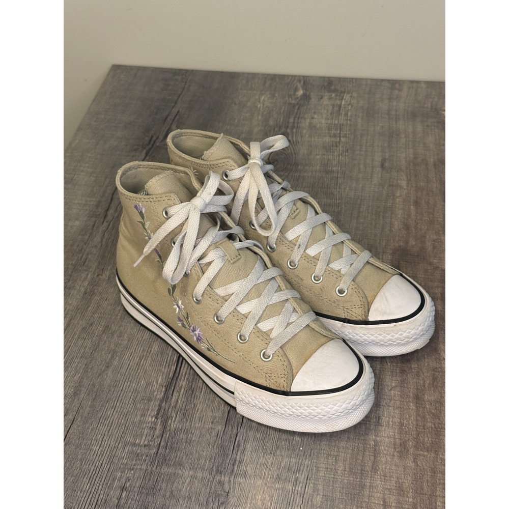 Converse Chuck Taylor All Star High Top Khaki Tan Floral Embroidered Shoes 6 Kid